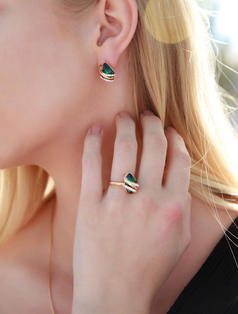 Leafael Wish Stone Stud Earrings with Emerald Green Birthstone Crystal, 18K Rose Gold Plated - Image 3
